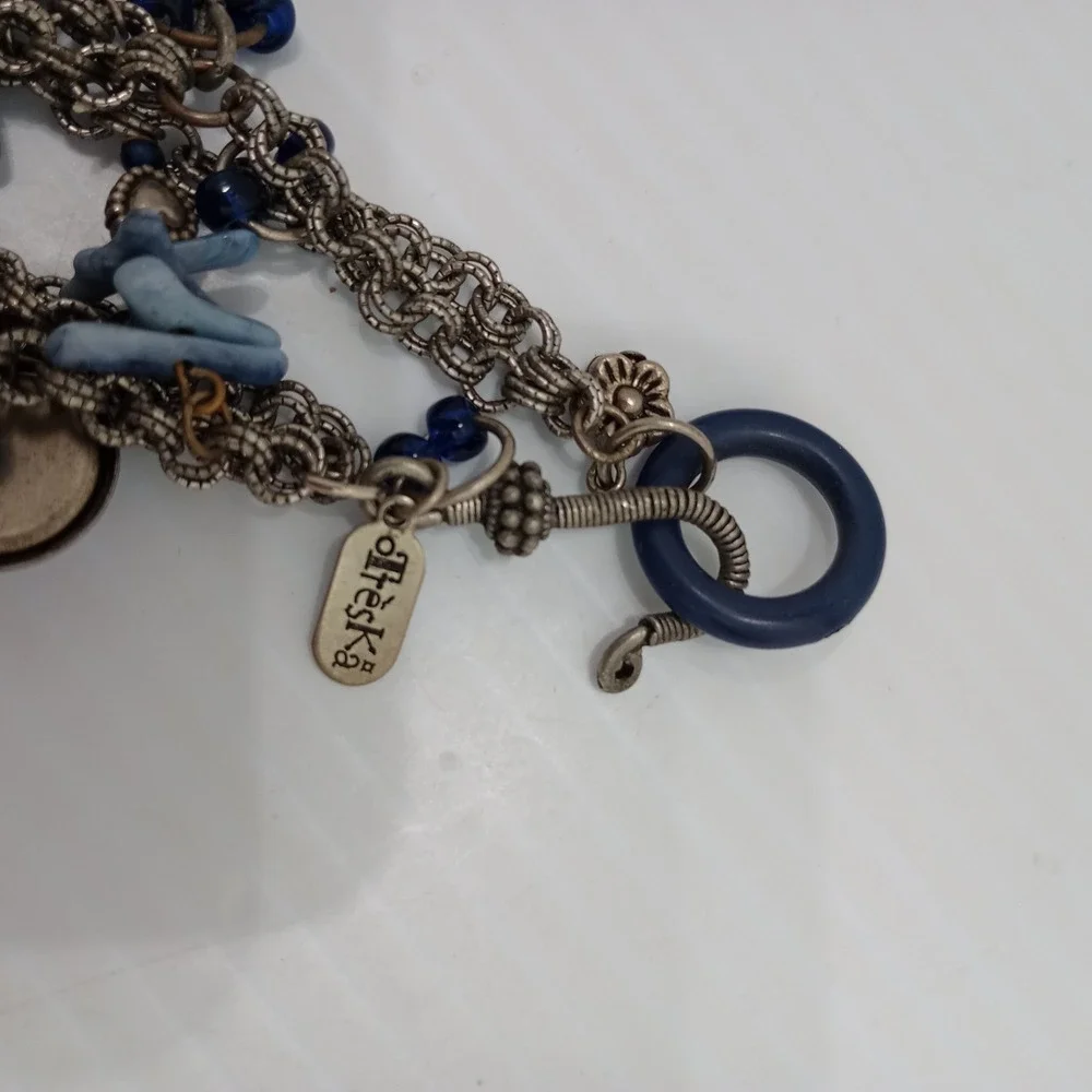 Treska Multi Strand Blue Glass Charm Necklace Silver Tone Signed